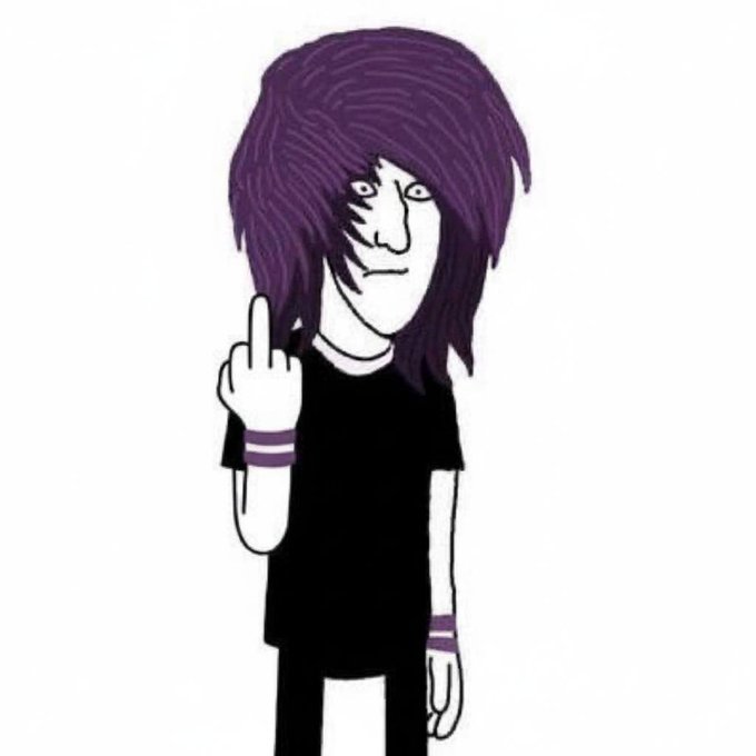 A cartoon drawing of a pale figure with long purple emo-style hair, wearing a black t-shirt and wristbands, raising their middle finger.