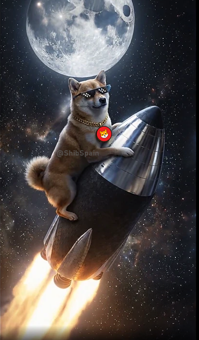A Shiba Inu dog wearing pixelated sunglasses and a gold chain with a Shiba charm riding a rocket through space with a large moon in the background, watermarked '@ShibSpain'.