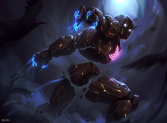Digital artwork depicting a large, rocky golem-like figure with glowing blue energy on its arms and a pink symbol on its chest, surrounded by dark birds in a stormy environment.