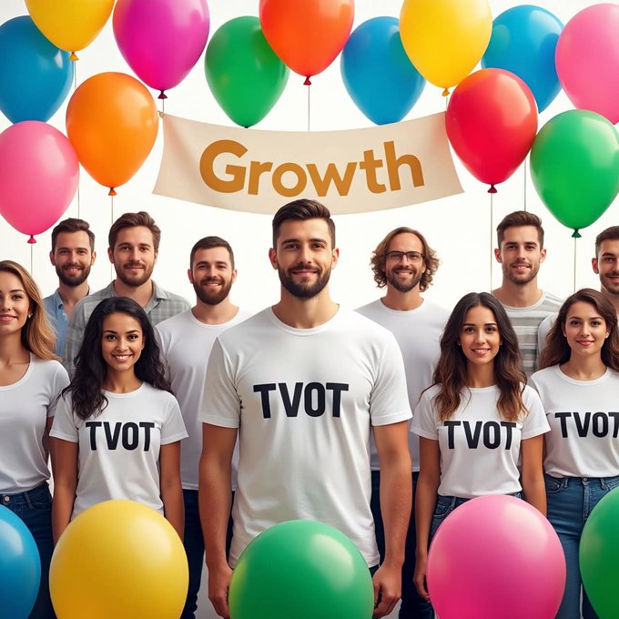 A group of smiling people wear white t-shirts with "TVOT" printed on them, standing in front of a colorful balloon display and a banner reading "Growth".