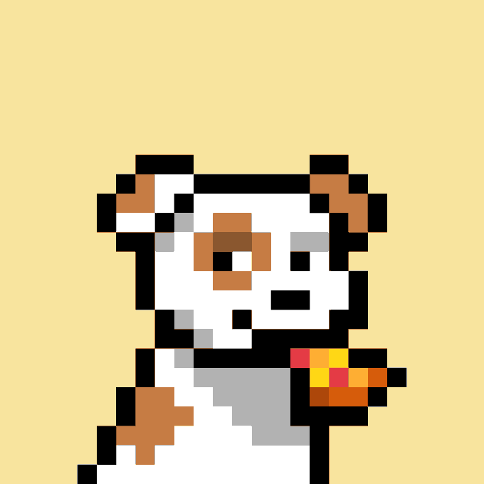The image features a small dog, possibly a puppy or a terrier, sitting against a yellow background with its head tilted upwards as if looking at something off-camera. The dog appears to be eating food from an orange object placed on the right side of the image. There is no text present in the image, and it does not contain any other objects besides the dog and the orange item.