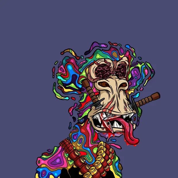 A psychedelic, colorful digital artwork featuring a skeletal creature with swords pierced through its head, rendered in vibrant rainbow colors against a purple background.