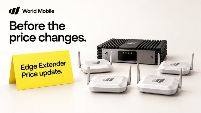 A promotional advertisement for World Mobile's 'Edge Extender Price update,' showing networking equipment (a black router and four white access points) with a yellow sign announcing 'Before the price changes.'