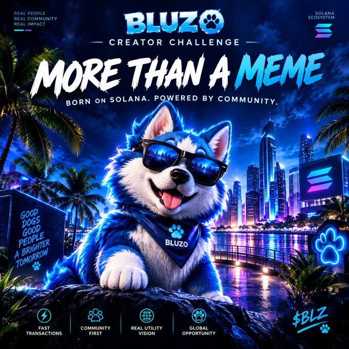 A promotional graphic for 'BLUZO CREATOR CHALLENGE - MORE THAN A MEME' features a husky dog wearing sunglasses and a blue bandana, set against a nighttime cityscape with 'BORN ON SOLANA. POWERED BY COMMUNITY.' text and the Solana Ecosystem logo.