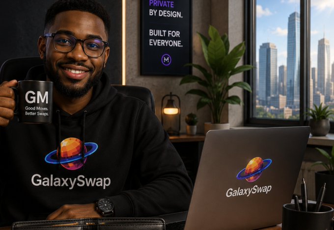 A smiling man in a "GalaxySwap" hoodie holds a "GM - Good Morning, Better Swaps" mug while sitting next to a laptop branded with the GalaxySwap logo, with a "Private By Design. Built For Everyone." sign visible behind him. The image aligns with the post's emphasis on GalaxySwap Labs prioritizing accessible, user-friendly Midnight DeFi over simply chasing trader volume.