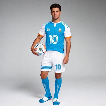 A male model poses in a light blue and white soccer uniform featuring the number "10" on both the jersey and shorts, holding a soccer ball under his arm. The image appears to showcase the jerseys being given away as prizes to the six winners mentioned in the post.