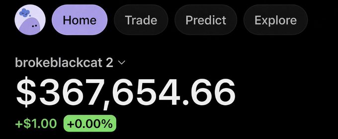 A screenshot of a portfolio account titled "brokeblackcat 2" shows a balance of $367,654.66 with a daily gain of +$1.00 (+0.00%), humorously contradicting the user's claim of making "$350k this month" by simply holding and watching TV.