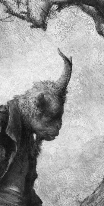 The image features a black and white illustration depicting an animal, possibly a bull or a cow with horns, sitting under a tree. The animal appears to be looking up at something above its head, which could be a branch or another animal. The background of the image is blurred, drawing attention to the animal in focus. The post includes text that reads "Feel like this is being slept on. editions of 50 live on Transient for ." and "focus on what is in the image and how it relates to the post".