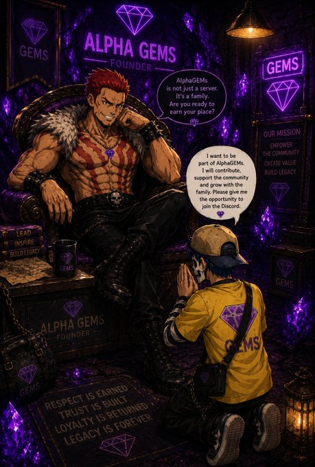 An anime-style illustration depicts a muscular red-haired character sitting on a throne labeled 'ALPHA GEMS FOUNDER', speaking to a kneeling character in a yellow jacket, with dialogue referencing 'AlphaGEMS' as a family/community.