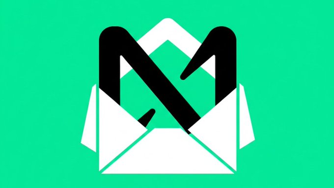 A stylized graphic of a white open envelope with black letters 'NM' emerging from it, set against a bright green background.