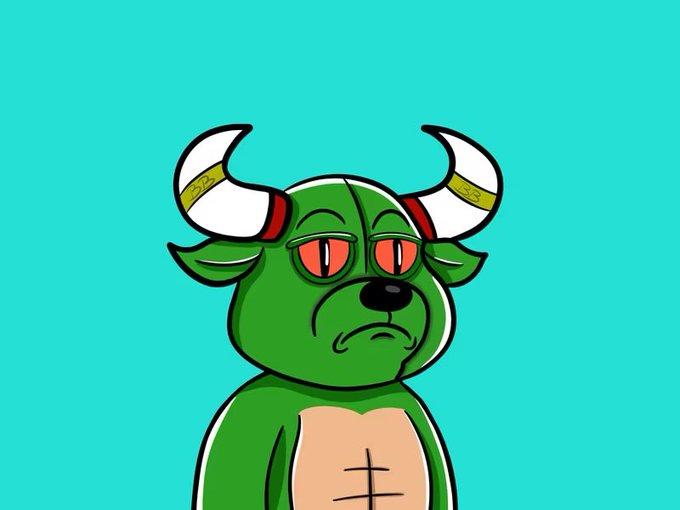 A cartoon green bull character with a grumpy expression, red eyes, and white and gold horns against a teal background.