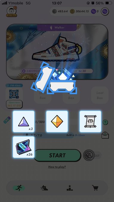 A screenshot of a 'Walker' mobile game showing a sneaker character at level 30 with a 'START' button to begin a run, with various loot box rewards displayed.