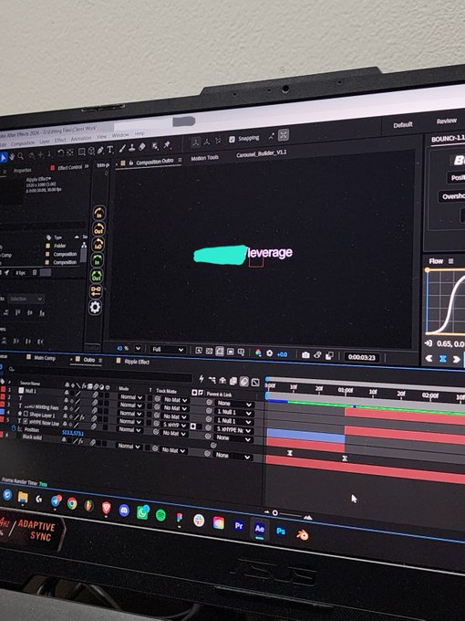 A monitor displays Adobe After Effects with a project named "Crypto Client Work" in progress, showing a composition titled "Leverage" featuring cyan and white text elements against a dark background, with the timeline panel revealing multiple video and effect layers being edited.