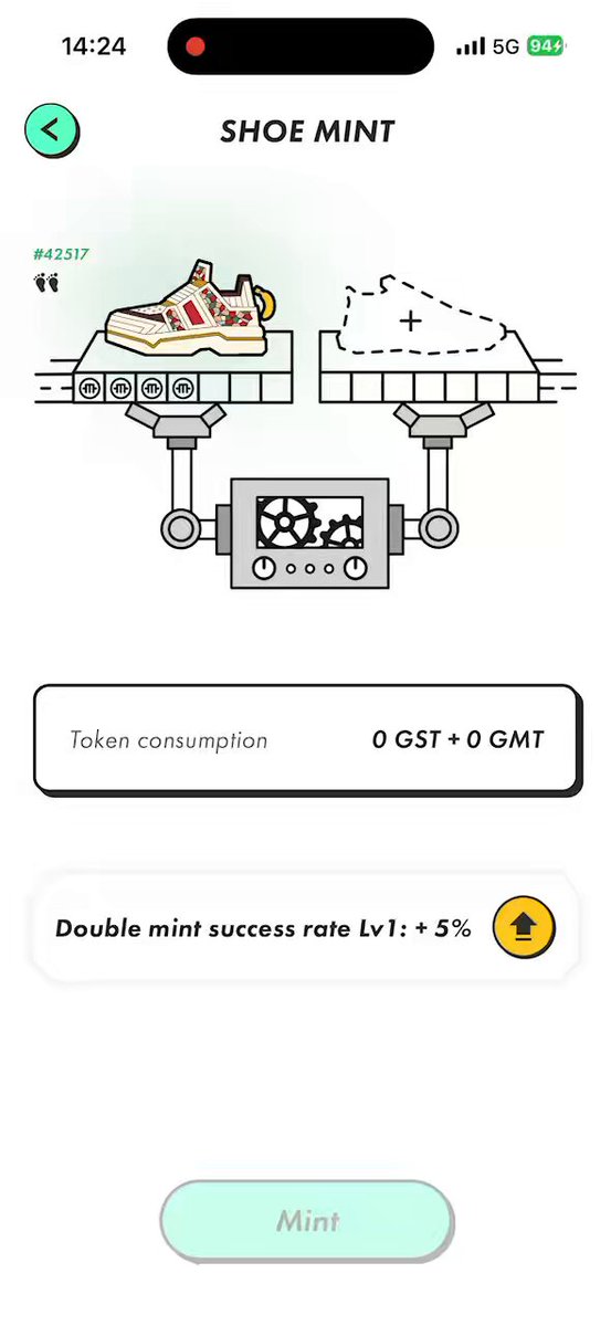 The image shows a white phone screen with an app icon, which appears to be a game or calculator application. The main focus of the image is a shoe mint app that has been paused. The app displays two different images of shoes on its screen, one being a pair of sneakers and the other a pair of sandals. There are also buttons in the middle of the screen with text that reads "Shoe Mint" and "Double mint success rate".