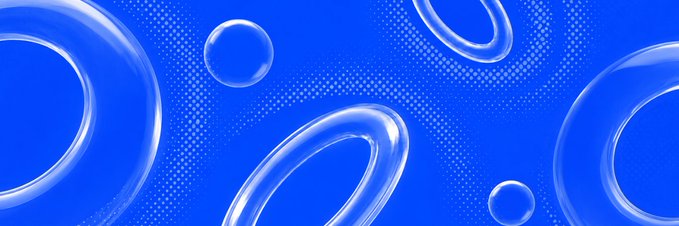 Transparent glass-like rings and bubbles float against a vibrant blue halftone background, visually evoking the concept of floating tokens, social connectivity, and the seamless flow of creator fees that Onboard facilitates on the PonsV2 network.