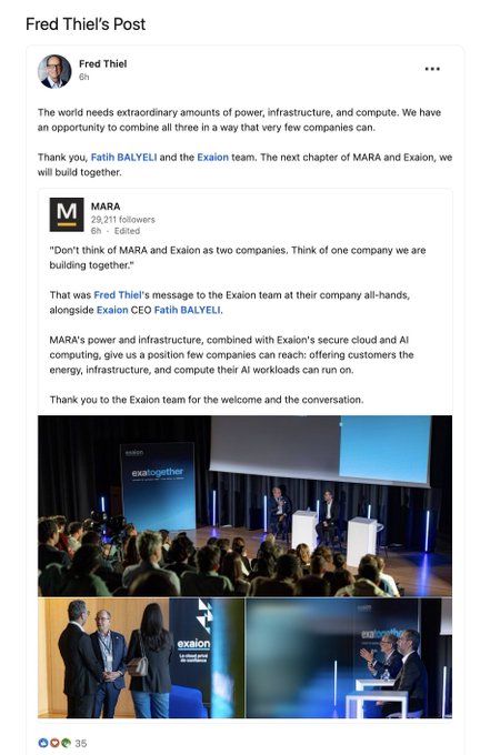 A screenshot of a LinkedIn post by Fred Thiel thanking Fatih BALYELI and the Exaion team, discussing the merger of MARA and Exaion to combine power, infrastructure, and compute.