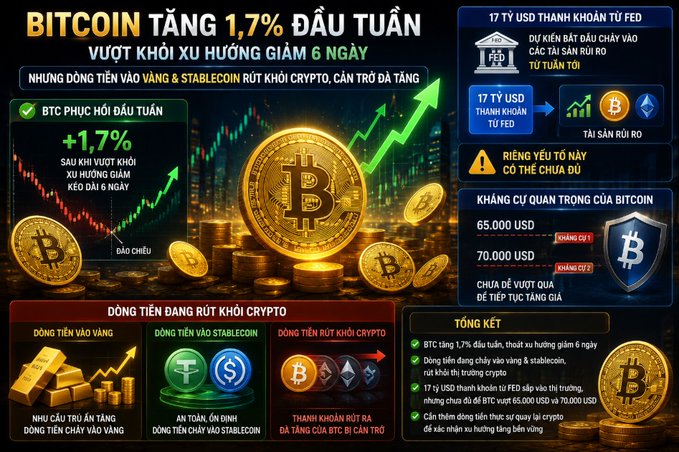 Vietnamese crypto market infographic titled 'Bitcoin tăng 1,7% đầu tuần,' highlighting BTC's 1.7% weekly gain, $17T Fed balance sheet, $65K-$70K resistance zone, and capital flowing from crypto into gold and stablecoins.