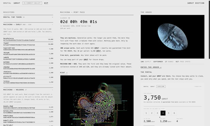 A screenshot of a website titled "BRUTAL $BRUT" displaying mint information, a countdown of "02d 00h 49m 01s," and a leaderboard of wallet addresses for "MACCINA - EARLY 300 - 610" and "MACCINA - MOLDERS" holders.