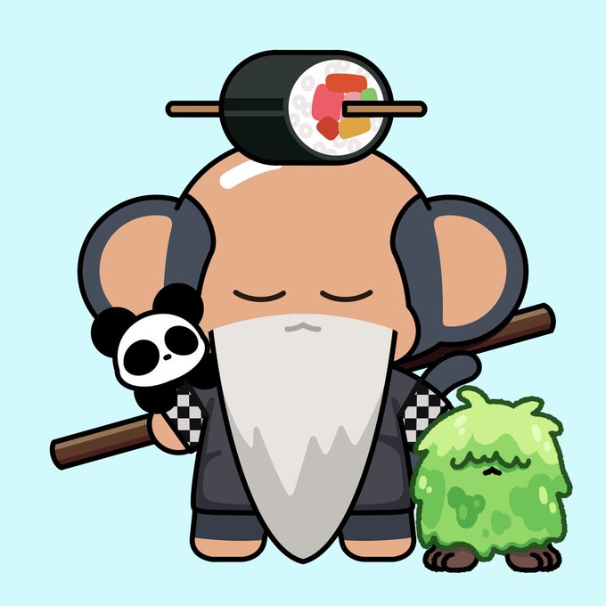 A cartoon character resembling a monkey with a long white beard, wearing a checkered outfit, holds a panda figure and a staff, with sushi rolls balanced on its head and a green moss-like creature beside it.