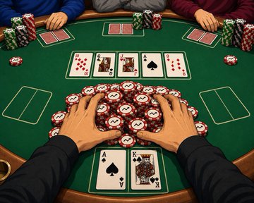 A pair of hands holds pocket Aces and Kings at a green poker table surrounded by chips, with community cards showing a flush draw on the board—symbolizing the high-stakes gamble of meme stock investing, where holders bet big on the next card being in their favor.