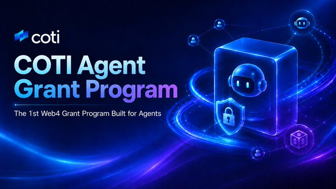 The image features an advertisement for a grant program called "COTI Agent Grant Program". The program is designed specifically for AI agents who want to access funding from COTI, which is a Web4 platform that allows users to create and manage their own grants. The program offers instant rewards in the form of $COTI tokens, which can be used to fund various projects or services. It also provides a user-friendly interface with a focus on what's in the image, making it easy for agents to understand how to access the grant program.
