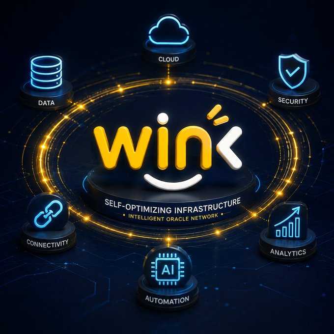 The image showcases the WINk logo at the center, encircled by glowing icons representing its core pillars: Cloud, Security, Analytics, Automation, Connectivity, and Data, with the tagline "Self-Optimizing Infrastructure • Intelligent Oracle Network" beneath it. It visually reinforces the post's message by illustrating how WINkLink equips developers with the tools to seamlessly fetch, process, and deliver external data on-chain through a connected, automated ecosystem.