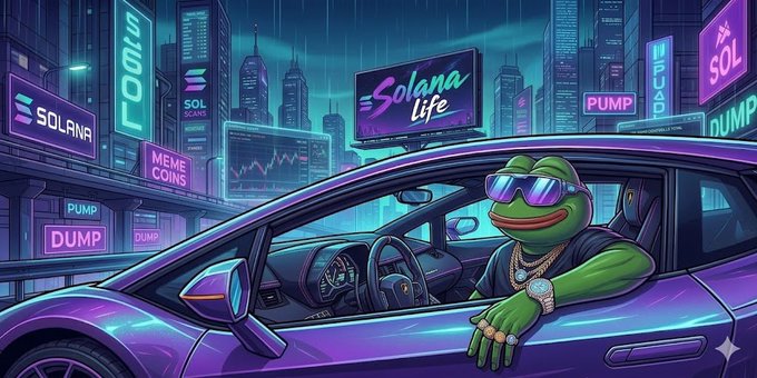 The image features a cartoon frog sitting inside of a purple car, wearing sunglasses and holding onto the steering wheel with one hand while smiling at the camera. The background shows a cityscape filled with neon signs for Solana cryptocurrency exchanges, such as Bitcoin Cash and Ripple, which is related to the post "There is a binance life, but Solana life hits different CA: HVqb2w6wARQf4BWaeccrQHcHMXfVGRgJHdFrfPT6pump". The frog's presence in this urban setting adds an interesting and whimsical element to the image.