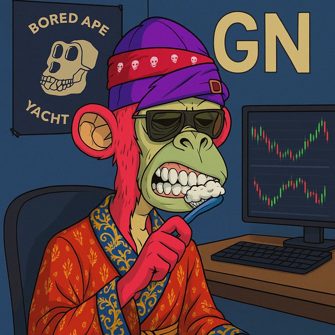 A cartoon illustration of a Bored Ape wearing sunglasses, a purple beanie, and a red patterned robe while brushing its teeth, sitting in front of a computer monitor displaying trading charts, with a 'BORED APE YACHT' banner in the background and the letters 'GN'.