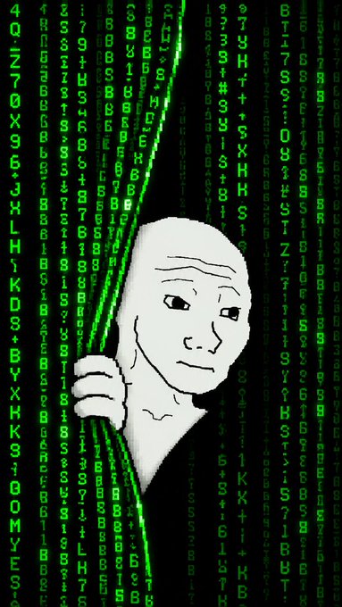 A bald Wojak character peels back a curtain of green Matrix-style falling code, symbolizing breaking through digital reality. The image visually echoes the post's message of escaping the Matrix with "$wojak."
