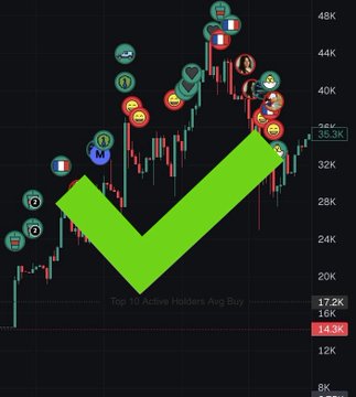 A cryptocurrency price chart shows a candlestick pattern reaching highs near 48K with a large green checkmark overlaid, illustrating the post's message about identifying safe investments. Key visible values include "33.3K," "17.2K," and "14.3K," with the label "Top 10 Active Holders Avg Buy" suggesting the chart tracks holder activity to help avoid meme coin scams and rug pulls.