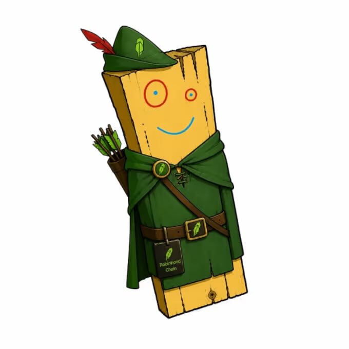 A wooden plank character dressed as Robin Hood in green robes with a feathered cap and a bow holds a small banner reading "Robinhood Chain." The cartoonish figure embodies the "Robin Wood Plank" meme referenced in the $PLANK giveaway, tying the image directly to the post's playful community promotion.
