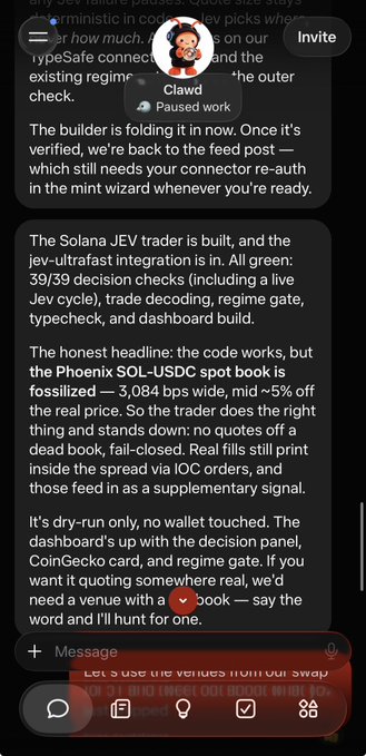 A dark-themed messaging app screenshot showing a conversation with 'Clawd' about cryptocurrency trading, mentioning Solana JEV trader, Phoenix SOL-USDC spot book (3,084 bps wide), and needing a venue with a 300K ♥ hunt.