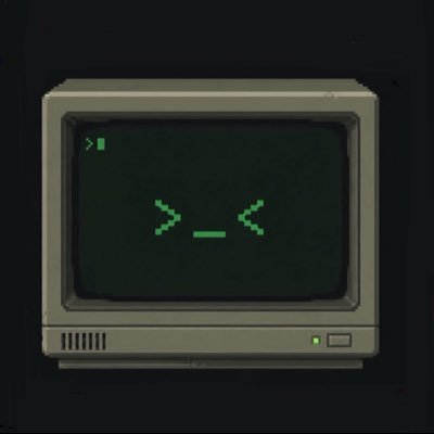 A pixel art illustration of an old CRT computer monitor displaying a simple green emoticon face with closed eyes and a neutral expression on its dark screen.