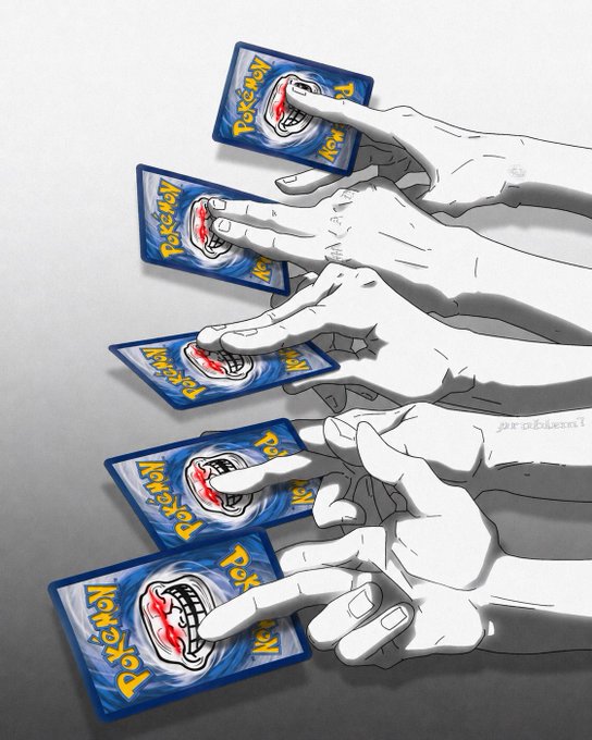 The image shows multiple illustrated hands each holding a Pokémon trading card pack. This relates to the post, which appears to announce that the tagged users have been "chosen trolls" eligible to receive cryptocurrency ("DM your wallet address") in exchange for ripping open the packs shown.