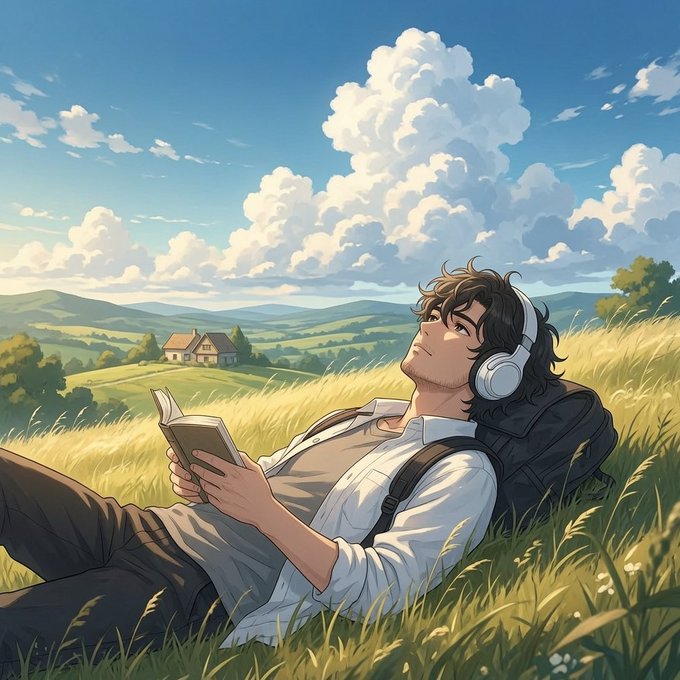 The image features a man lying down in a grassy field, reading a book while wearing headphones. He has a backpack with him as well. The scene takes place outdoors, with a beautiful landscape of hills and mountains in the background. The man appears to be enjoying his time in nature, possibly taking a break from work or simply relaxing.