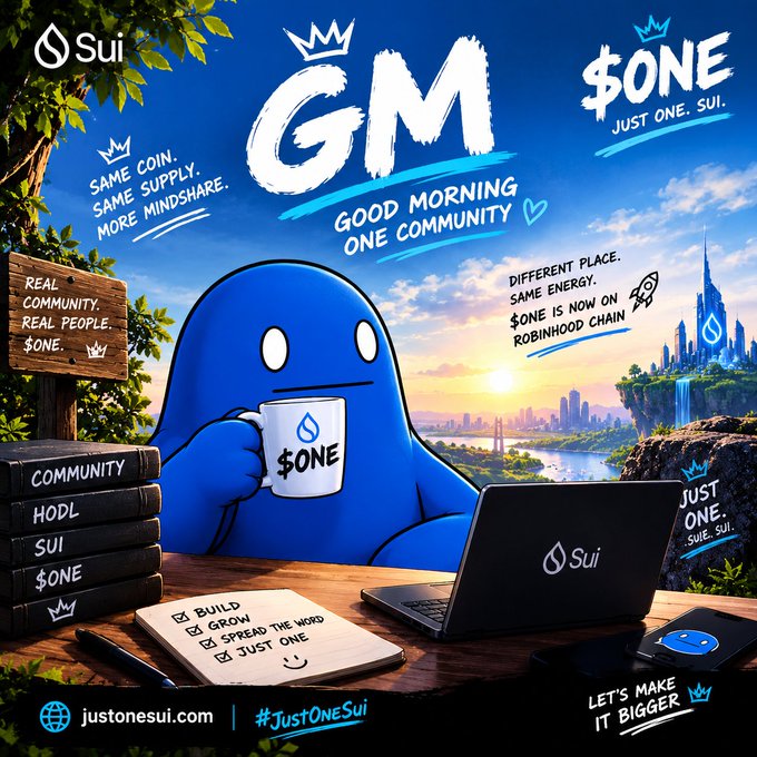 A promotional graphic for the Sui cryptocurrency token $ONE featuring a blue cartoon character drinking from a mug, with text including "GM GOOD MORNING ONE COMMUNITY" and "justonesui.com".