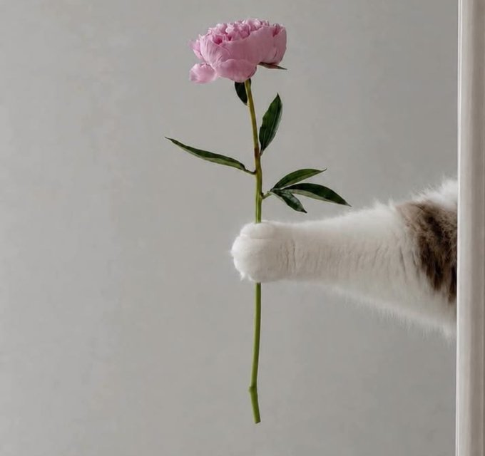 A cat's paw reaching out from behind a wall to touch the stem of a pink peony flower against a gray background.