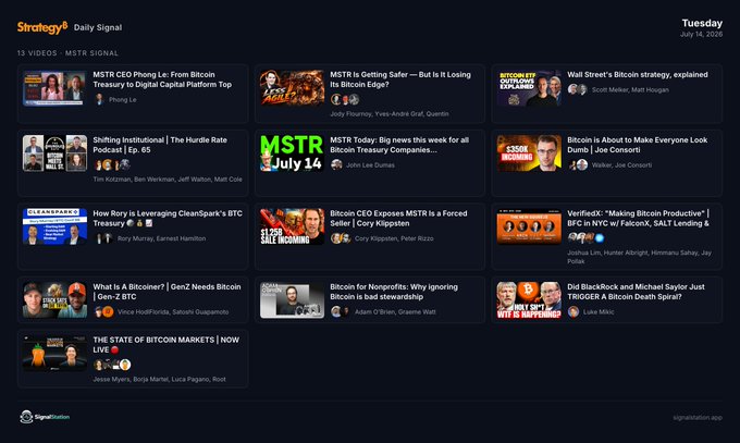 A screenshot of the 'Strategy Daily Signal' YouTube channel page from July 14, 2026, showing a grid of 13 video thumbnails related to MSTR Signal and Bitcoin news.