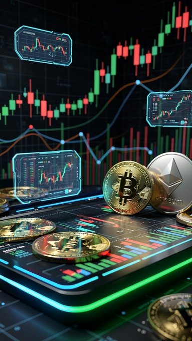 Physical Bitcoin and Ethereum coins sit atop a glowing surface displaying colorful candlestick trading charts and multiple holographic chart screens.