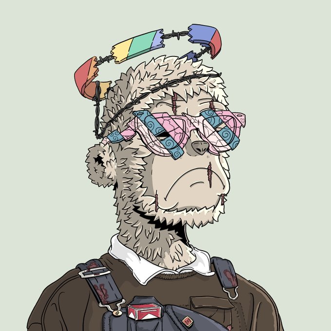 A digital illustration of a sad-looking monkey character wearing large pink and blue sunglasses, with colorful rectangular glasses perched on its head and barbed wire wrapped around its fur.