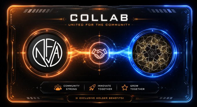 A futuristic graphic titled 'COLLAB - UNITED FOR THE COMMUNITY' featuring two circular logos connected by a handshake symbol and glowing energy waves, with text highlighting 'Community Strong', 'Innovate Together', 'Grow Together', and 'Exclusive Holder Benefits'.