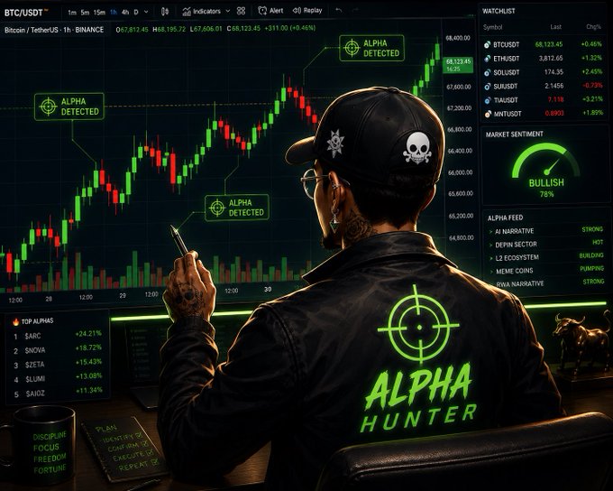 An illustration depicts a trader with skull tattoos and an "ALPHA HUNTER" jacket analyzing a BTC/USDT candlestick chart, with overlays indicating "ALPHA DETECTED" and a "BULLISH" market sentiment at 78%.