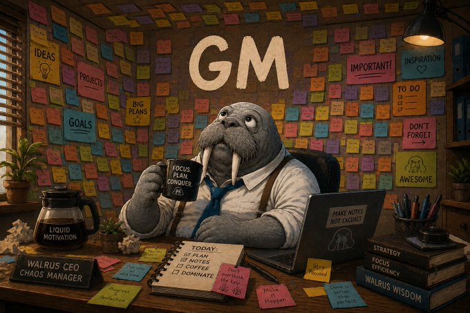 A digital illustration of a walrus in a shirt and tie sitting at a desk with a mug, surrounded by sticky notes and the word 'GM' on the wall.