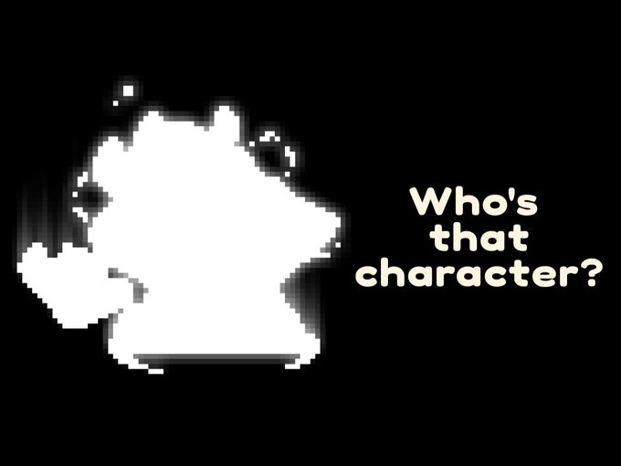 A pixelated, high-contrast white silhouette of a spiky-haired character against a black background, accompanied by the text 'Who's that character?'.