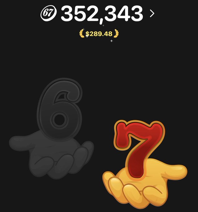 The image displays the "67" Club app interface showing a balance of 352,343 points worth $289.48, alongside a stylized "6" and "7" logo with hands beneath them, matching the post's reference to the "Six Seven Club" Telegram mini-app.