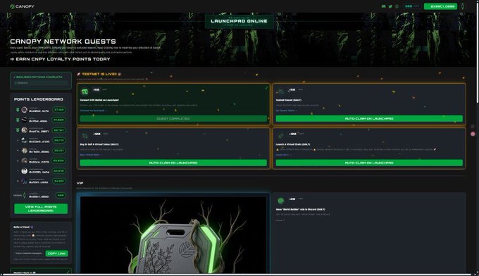 Screenshot of the Canopy Network Quests dashboard on Launchpad Online, showing loyalty points leaderboards, Tier 1 rewards, and auto-claim buttons for various quests.
