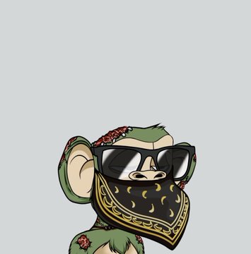 Cartoon illustration of a green Bored Ape-style character wearing black sunglasses and a black bandana with a gold pattern.