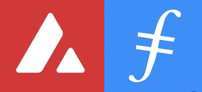 Logos for Avalanche (AVAX) and Filecoin (FIL) side by side on red and blue backgrounds.