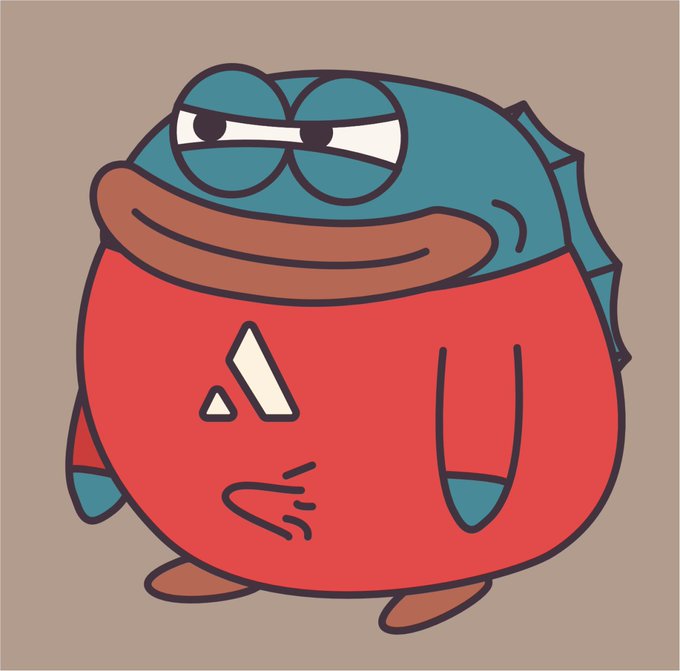 A cartoon illustration of a round, grumpy-looking blue and red character with droopy eyes standing against a plain beige background.