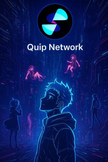 Anime-style digital art featuring a central male character with glowing blue outlines against a circuit-board background, with 'Quip Network' text and logo at the top.